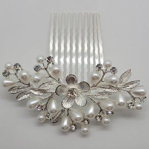 Silver Hair Comb Flower Leaves Pearls Crystals